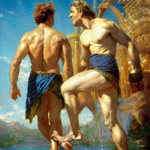 Prompt: hercules and achilles frolic in an estuary, a marble temple stands in the background, painting by gaston bussiere, craig mullins, j. c. leyendecker, tom of finland