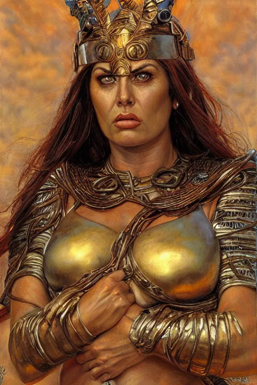 Image similar to the Greek godess Hera looking angry, rusty armor, portrait, by Donato Giancola