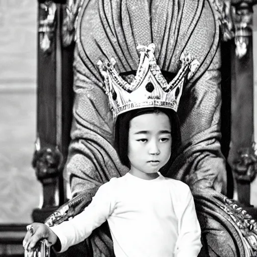 Image similar to little boy, prince sit on the throne chair in the throne room. he wear casual kings clothes and have crown on his head. guards protect him.