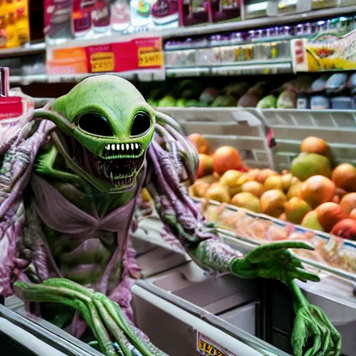 Image similar to mid shot of an alien dressed by emidio tucci buying groceries at the store, shot by amanda carlson and alex strelkovv, professional photo, masterpiece, very detailed, hyper - realistic, cinematic, 4 k