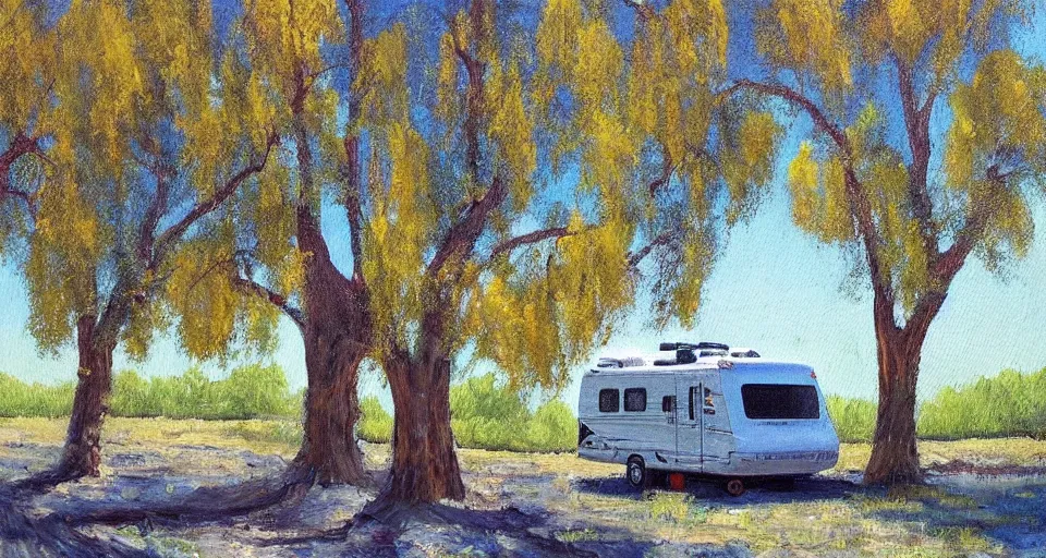 Image similar to an rv under a cottonwood tree, beautiful painting, oil on canvas, by ewa czarniecka, award winning masterpiece,