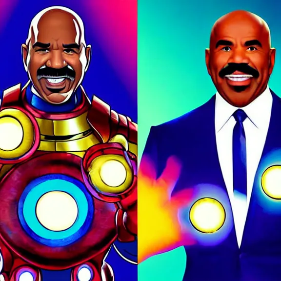 Image similar to Dynamic detailed artistic illustration of Steve Harvey doing a hero pose while Wearing the infinity gauntlet with all six stones glowing menacingly while Steve Harvey looks towards the viewer