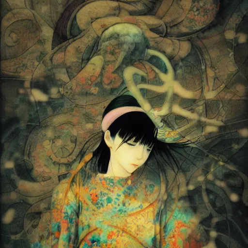 Image similar to ! dream yoshitaka amano blurred and dreamy realistic illustration of a cat, abstract patterns in the background, satoshi kon anime, noisy film grain effect, highly detailed, renaissance oil painting, weird portrait angle, blurred lost edges, three quarter view