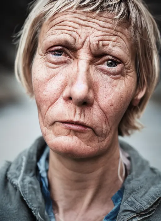 Image similar to Mid-shot portrait of a 50-year-old woman from Norway with short hair, looking tired, candid street portrait in the style of Martin Schoeller award winning, Sony a7R