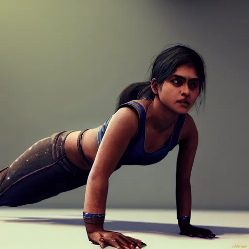 Image similar to indian woman doing push ups, ultra realistic, concept art, intricate details, highly detailed, photorealistic, octane render, 8 k, unreal engine