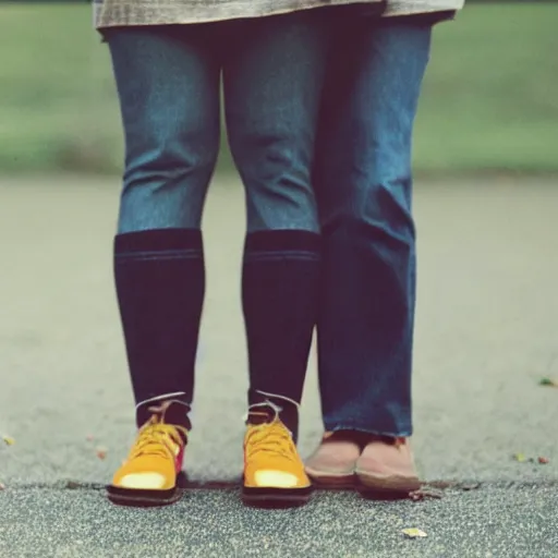 Image similar to a photograph of two people's legs facing in opposite directions, portra 400, 50mm lens, grainy, film, bokeh, shallow depth of field