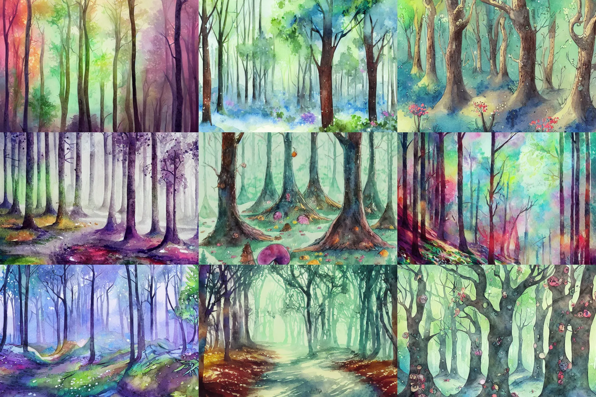 Prompt: whimsical forest, high quality watercolors, trending on artstation
