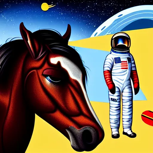 Image similar to a man with a horse nask on his head is riding on astronaut, fine details, concept art