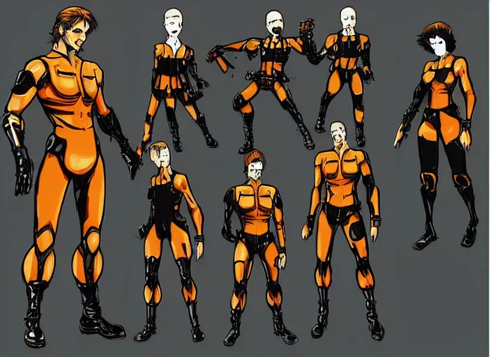 Prompt: character design sheet illustrated by yoji shinakawa, metal gear solid, anthromorphic orange man wearing a black suit