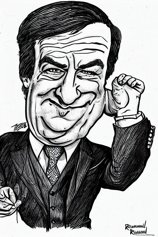 Image similar to a caricature of saul goodman by tom richmond, black pen on paper. detailed, hd image,