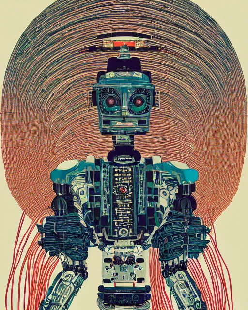 Prompt: Hiroshige portrait of a robot saint made of cables and robotic pod by victo ngai