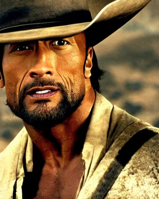 Prompt: film still close up shot of dwayne johnson in the movie a fistful of dollars. photographic, photography