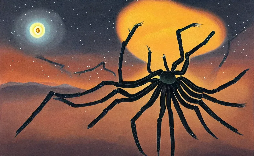Image similar to surreal painting of a giant spider in the village at a cloudy night