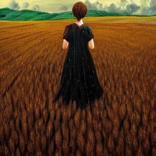 Prompt: giant black daisy flower as a head, girl walking in wheat field, hills, surreal photography, dark night, star trails, dramatic light, impressionist painting, clouds, digital painting, artstation, simon stalenhag