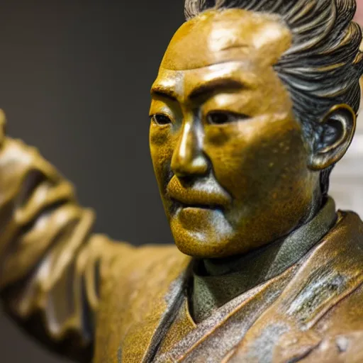Image similar to close up shot of an old bronze patina statue of kitano takeshi in a museum