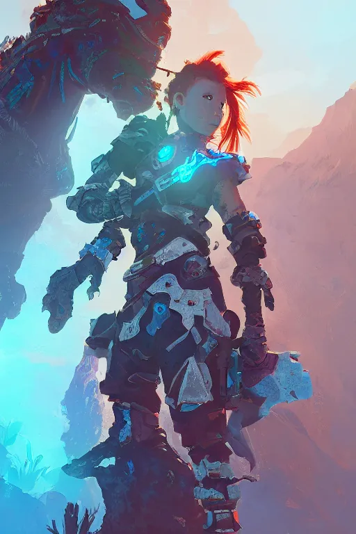 Image similar to combination suit armor aloy horizon forbidden west horizon zero dawn radiating a glowing aura global illumination ray tracing hdr fanart arstation by ian pesty and alena aenami artworks in 4 k tribal robot ninja mask helmet backpack