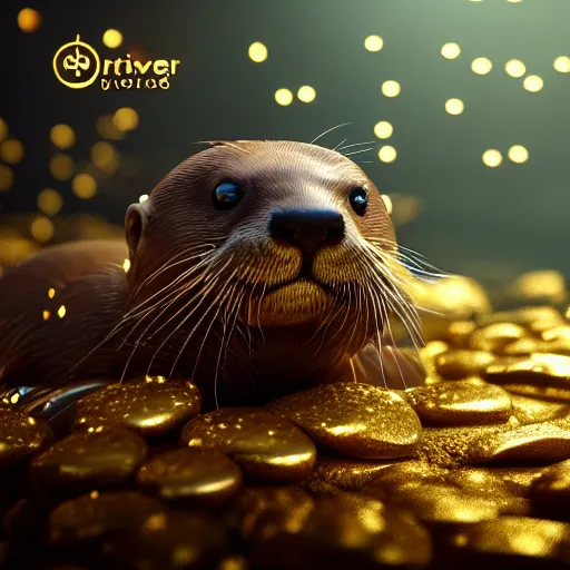 Image similar to river otter wearing crown surrounded by gold, expression, photo realistic, dramatic cinematic lighting, octane render, 4k, ultra detailed