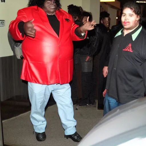 Image similar to obese michael jackson hanging out at pizza hut