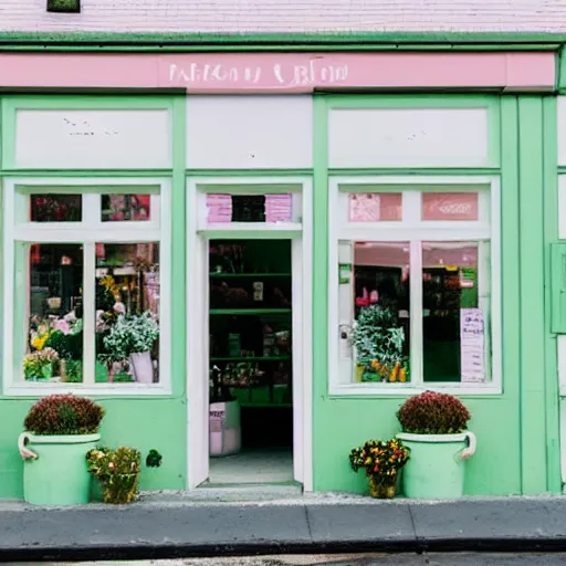 Image similar to A photo of a quaint flower shop storefront with a pastel green and clean white facade and open door and big window