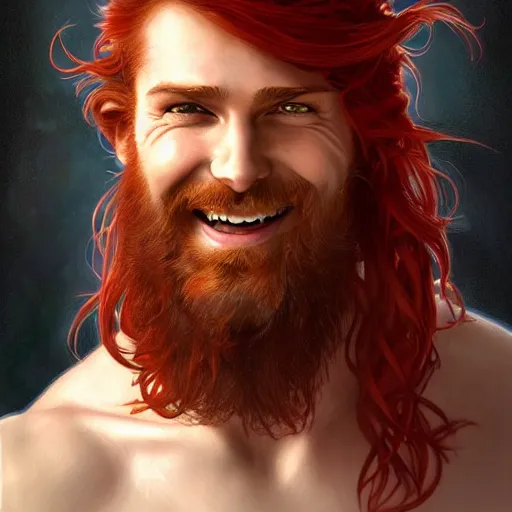 Prompt: portrait of a young ruggedly handsome but joyful pirate with red hair, male, masculine, upper body, red hair, long hair, d & d, fantasy, joyful smirk, intricate, elegant, highly detailed, digital painting, artstation, concept art, matte, sharp focus, illustration, art by artgerm and greg rutkowski and alphonse mucha