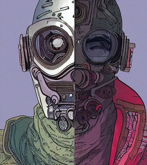 Image similar to a cyberpunk man with a patchwork face of various ethnicities, techwear, Industrial Scifi, detailed illustration, character portrait, by Martin Grip and Moebius