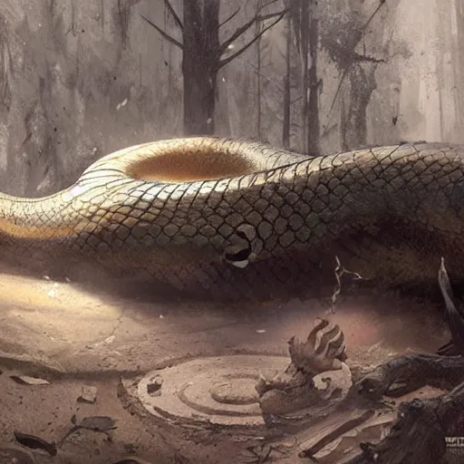 Prompt: a big anaconda in a dark grave sqeezing around a dead body, horror ,digital art,realistic,detailed,art by greg rutkowski