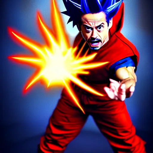 Prompt: super saiyan robert downey jr performing a kamehameha in goku clothes, cartoon art by yiosgs ghdsjkhg, high detailed, super high resolution, concept art, artistic, octane render, masterpiece fine details, animation