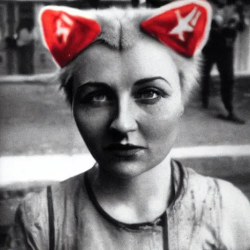 Image similar to 35mm colorized photo of a Soviet catgirl