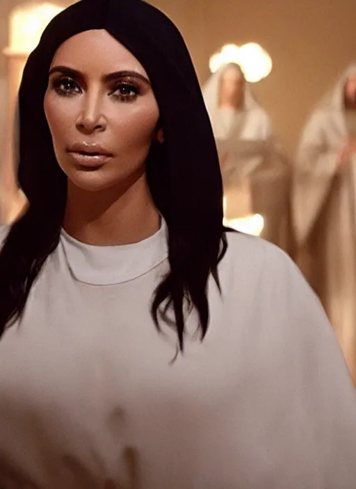 Image similar to a film still of kim kardashian as a nun with her bust slightly exposed. backround : church interior