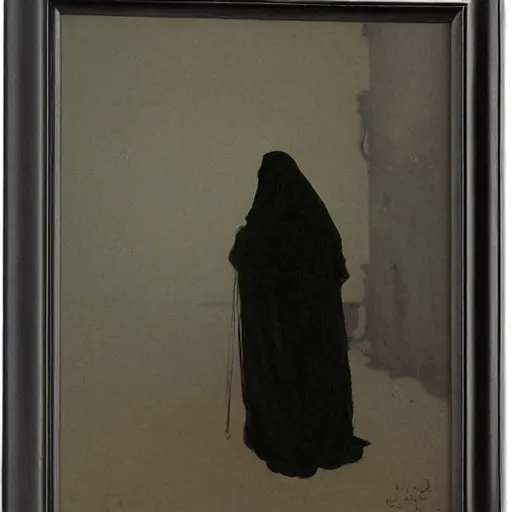 Prompt: Back view of the grim reaper, curvy, deep shadows, award winning, by Ilya Repin