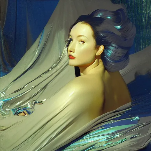 Prompt: a chrome woman's face in flowing sheets of cobalt blue gold chrome silver satin velvet foil, by moebius syd mead roger dean wojciech siudmak donato giancola yoshitaka amano ivan aivazovsky jan de heem pieter claesz paul delaroche alma tadema aelbert cuyp, hyperrealistic volumetric light render