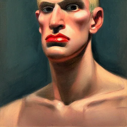 Prompt: a realistic portrait of a blonde man, chiseled jawline, big lips, 1 2 0 0 bc, edward hopper, trending on artstation