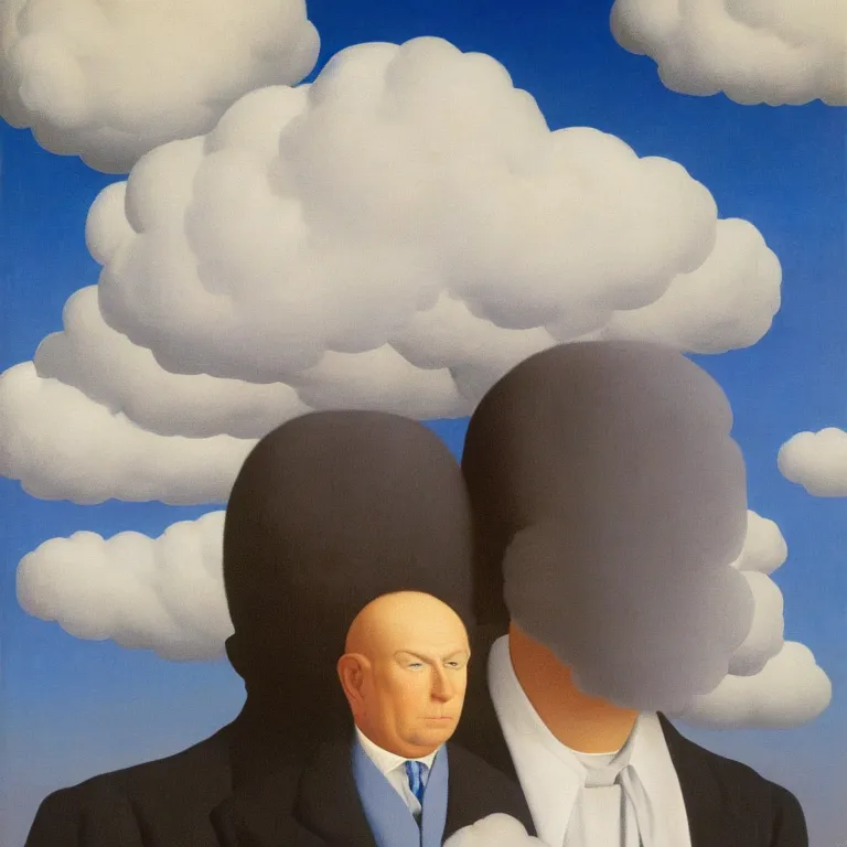 Image similar to portrait of a man whos head is a cloud, his head is hidden with cloud, by rene magritte, detailed painting, hd, hq, high resolution, high detail, 4 k, 8 k