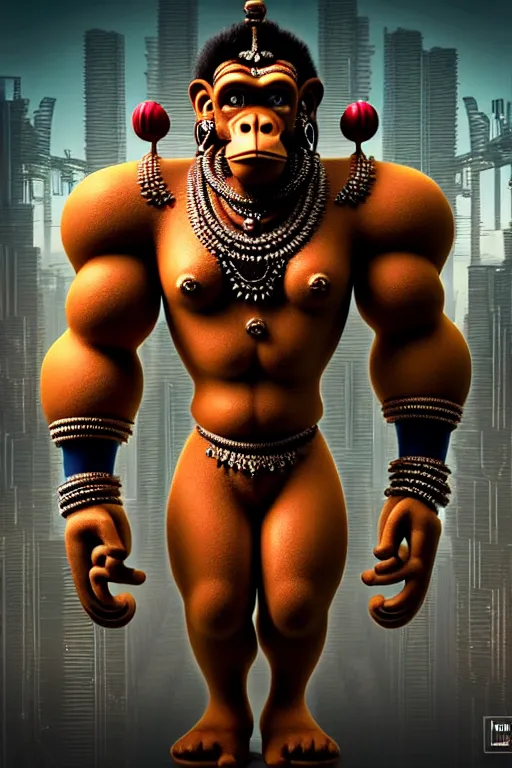 Image similar to high quality 3 d render post - rococo cyberpunk hanuman! head morning mumbai, madhubani, highly detailed, cinematic smooth unreal engine, lee madgwick & liam wong, dramatic light, long shot, low angle, uhd 8 k, sharp focus