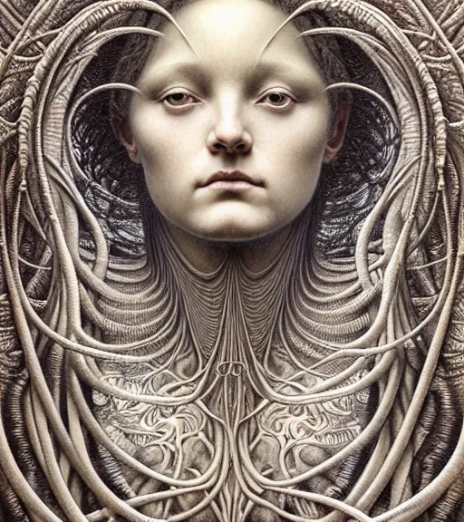 Image similar to detailed realistic beautiful dawn goddess face portrait by jean delville, gustave dore, iris van herpen and marco mazzoni, art forms of nature by ernst haeckel, art nouveau, symbolist, visionary, gothic, neo - gothic, pre - raphaelite, fractal lace, intricate alien botanicals, ai biodiversity, surreality, hyperdetailed ultrasharp octane render