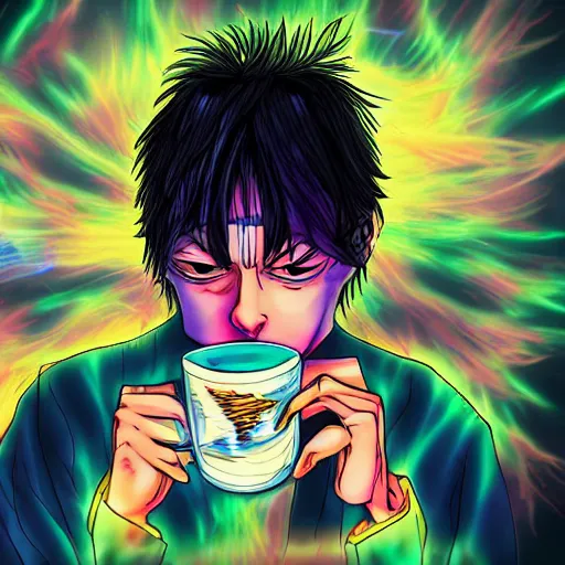 Image similar to A man drinking a cup of cosmic energy bright light by Hideaki Sorachi, 4k, digital art, surreal, anime style,