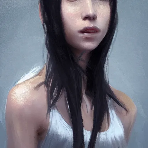 Image similar to portrait of a girl by greg rutkowski, she is about 2 0 years old, mixture between russian and japanese, prettt, black bob hair with two strands around her face, wearing a oversized jumper jumpsuit, highly detailed portrait, digital painting, artstation, concept art, smooth, sharp foccus ilustration, artstation hq