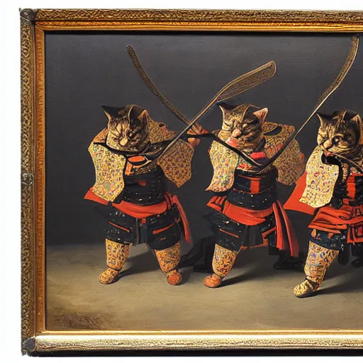 Prompt: three cat-samurais in Japanese armour, oil painting, by Rembrandt