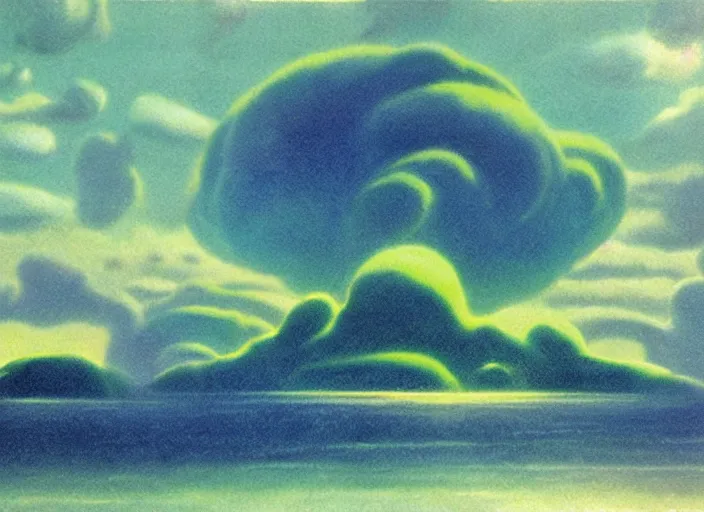 Image similar to floating islands, idyllic, menacing, nebulous clouds, thundrous hellish floating crumbling islands particulate and shivering cold of the apocalypse, hyperfluorescent saturated pastel pleasing - palette matte painting matte painting from fantasia ( 1 9 4 1 )