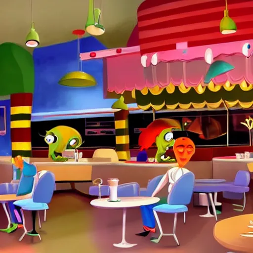 Prompt: cute monsters in a diner, Pixar style