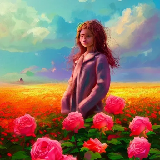 Image similar to large rose for face, girl frontal in a flower field, surreal photography, sunrise dramatic light, impressionist painting, colorful clouds, digital painting, artstation, simon stalenhag