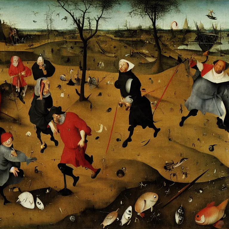 Image similar to The medium shot of three sarcastic mans with fishes running away with a small profit of money, Grim Reaper laughs and follow them, by Hieronymus Bosch and Pieter Bruegel, super detailed oil painting, proportional faces, hyper realistic, 4k, masterpiece