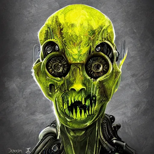Image similar to pixiv, gruesome, sci - fi, polychaeta, undead cyborg head, doom, newt, yellow, green