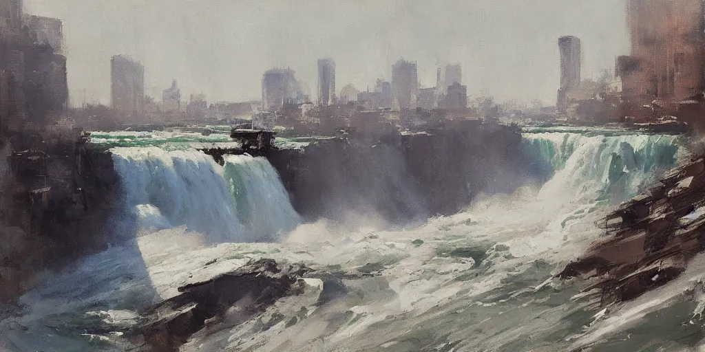 Prompt: painting of niagara falls by richard schmid, alla prima, loose gestural painterly, jeremy mann, greg manchess, craig mullins, jeffery catherine jones