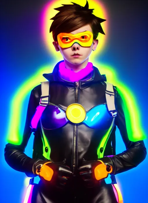 Image similar to full body overwatch style oil painting portrait of tracer overwatch, confident pose, full body, full body, wearing black jagged iridescent rainbow latex armor, rainbow, neon, 4 k, expressive surprised expression, makeup, wearing large rainbow neon choker, studio lighting, acid, trippy, black leather harness, expressive detailed face and eyes,