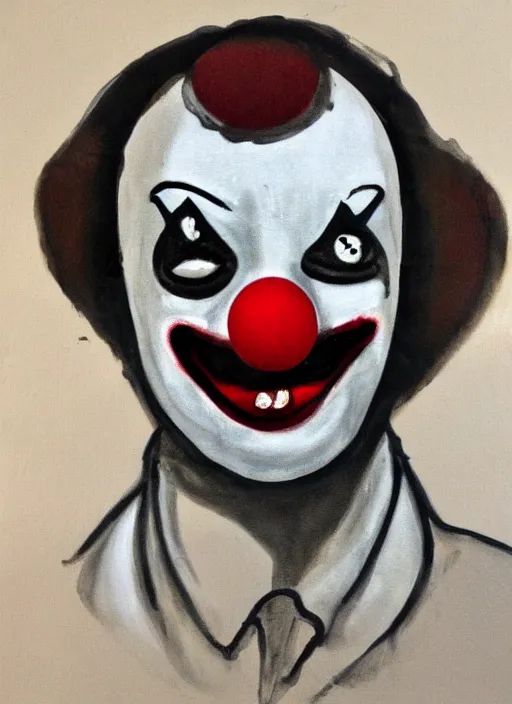 Prompt: clown, asymmetric, enamel paint, old and dirty, sloppy strokes