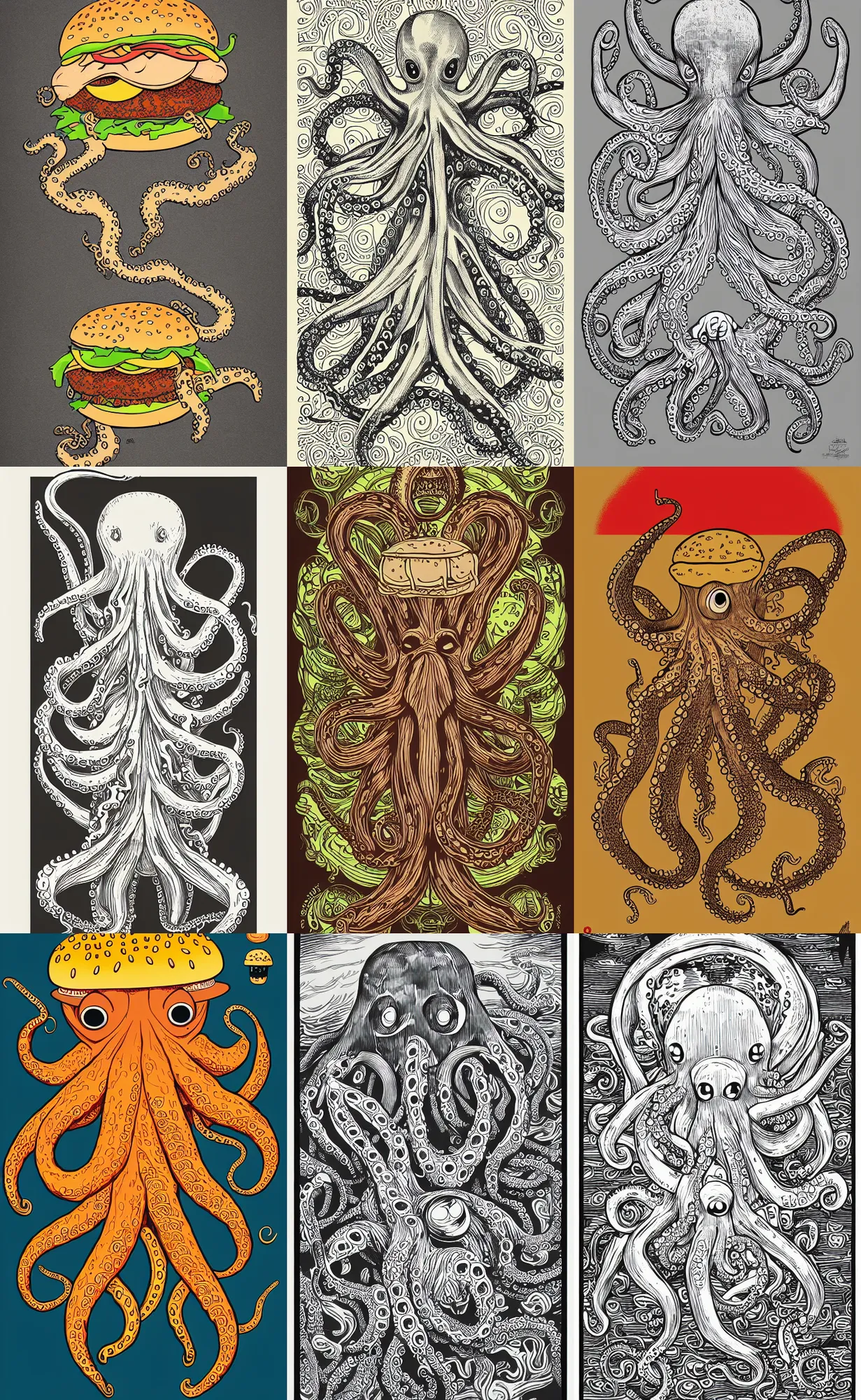 Prompt: highly detailed illustration of octopus eating a burger, symmetrical, intricate, trending on artstation, silk screen poster