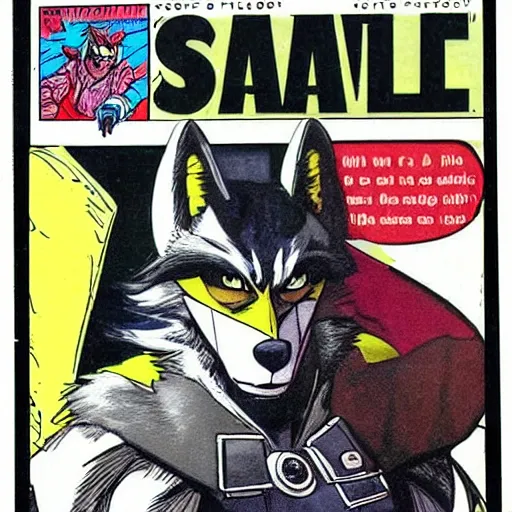 Image similar to 1 9 8 0 s comic book cover scan featuring a portrait of villain male wolf o'donnell anthropomorphic wolf furry fursona from starfox wearing a dark space mercenary uniform, dark grey wolf, handsome eyes, wolf o'donnell