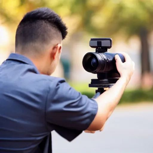 Prompt: a man filming with videocamera