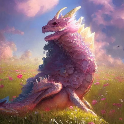 Image similar to beautiful digital fantasy illustration of a closeup adorable giant fluffy feathered sparkling pearlescent pastel dragon sitting alone in a flower meadow, concept art by greg rutkowski, anato finnstark, and rebecca guay, highly detailed, soft lighting, rendered in octane